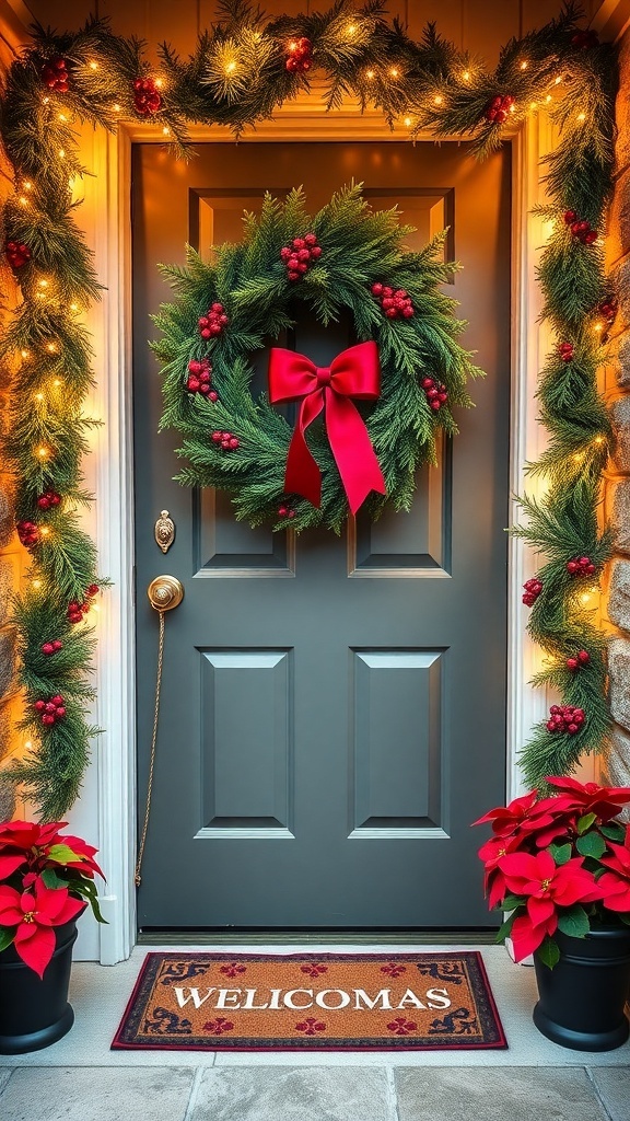 A festive Christmas doorway decorated with a wreath, lights, and poinsettias.